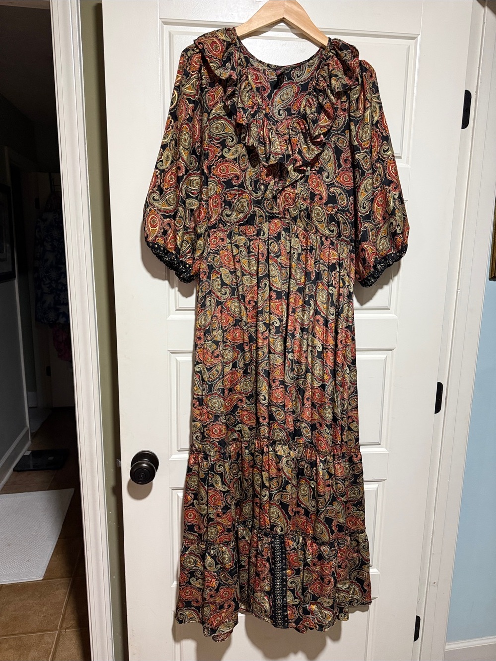 Anthropologie Boho Earthy Whimsical Maxi Dress Artisan Paisley Gold Ruffle L - Picture 2 of 9